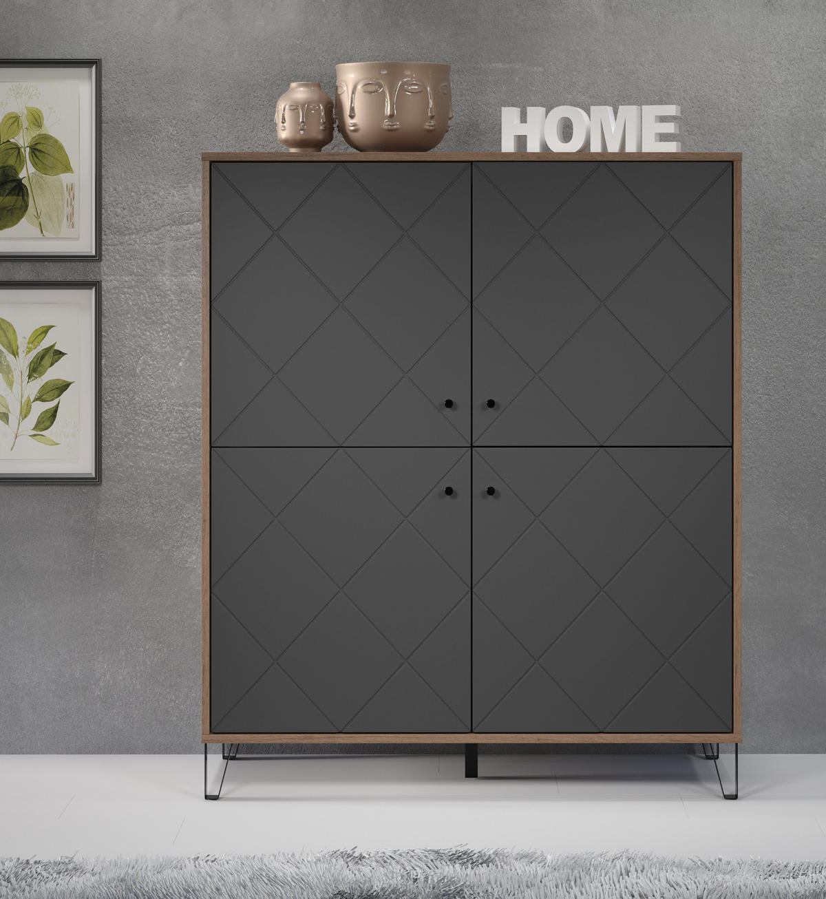 HIGHBOARD Graphite grau, Eiche Kraft Gold 123 x 136 cm, Kommode für Wohn- und Esszimmer - Eichefarben/Schwarz, Holzwerkstoff/Kunststoff (123/136/40cm) - Top.Furn