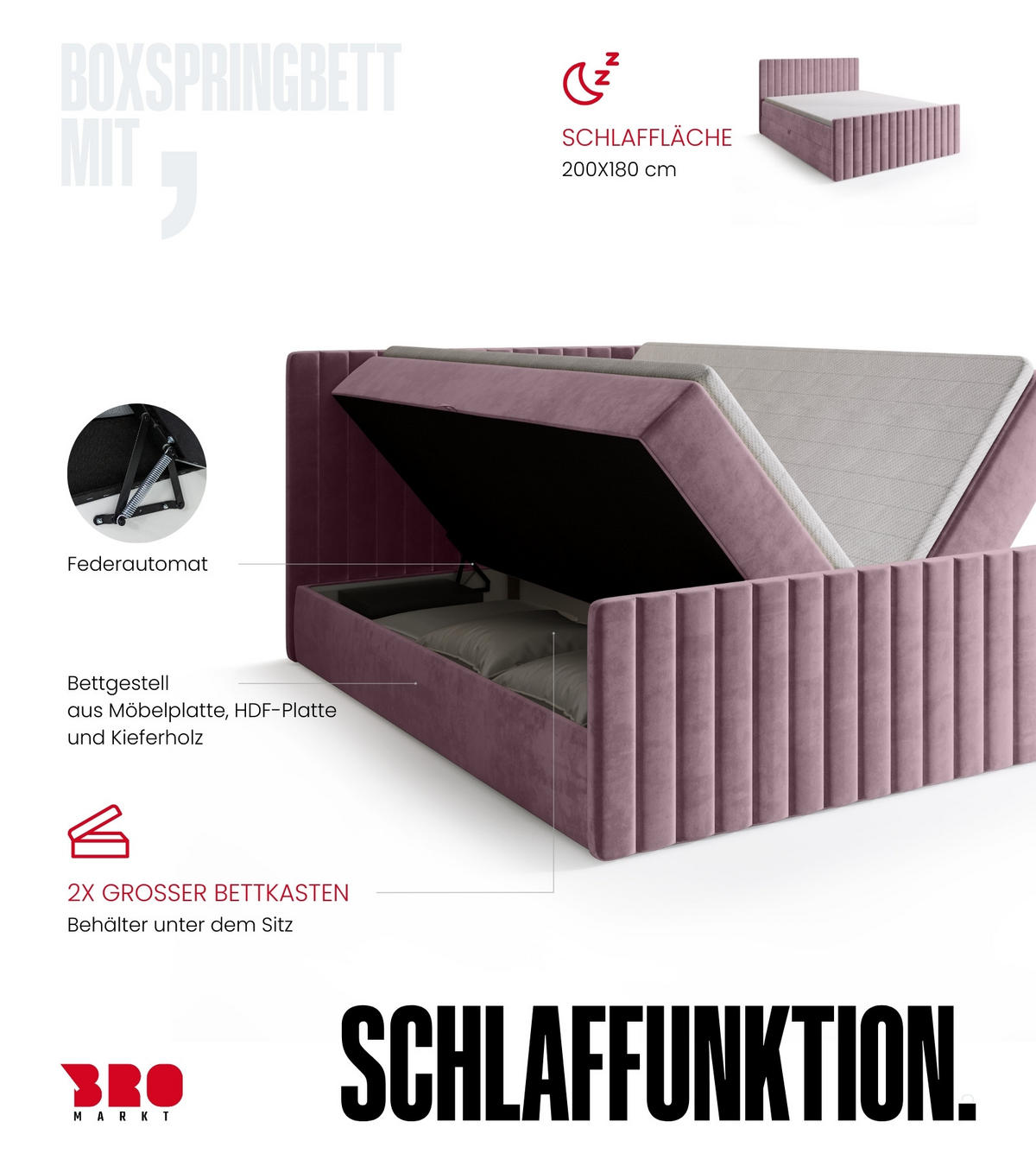 BOXSPRINGBETT Dream Duo mit Topper 180/200 Puderrosa - Rosa, Kunststoff (180/200cm) - Bromarkt