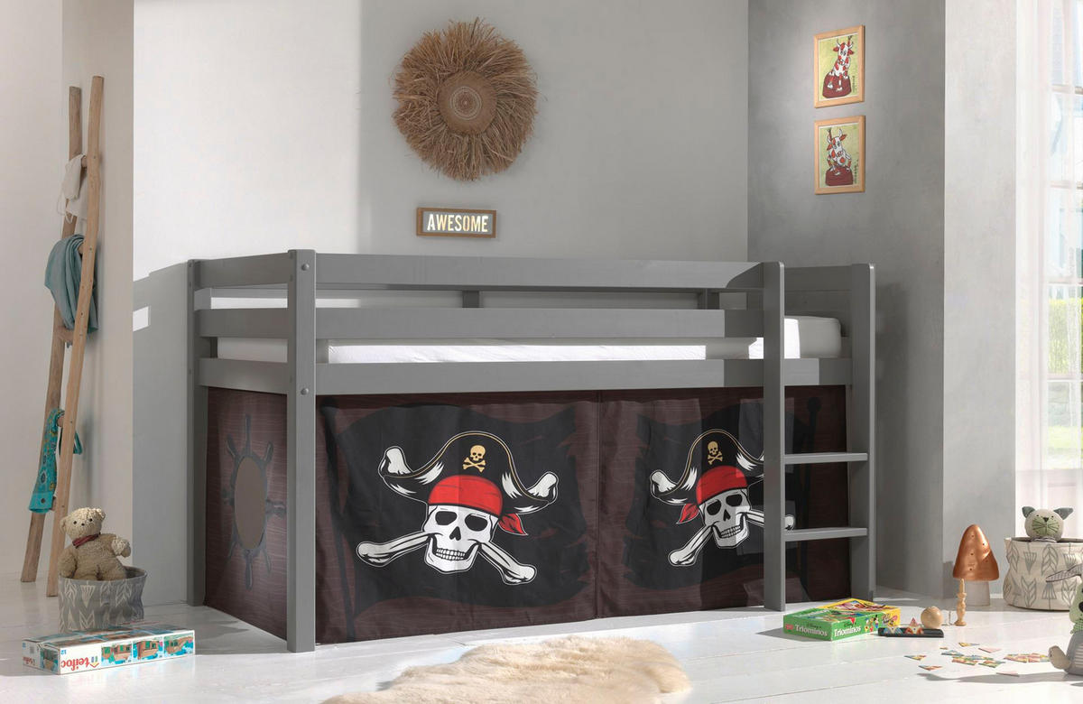 KINDERBETT Karolina 210x114x106 Massivholz Grau Textilset Caribian - Braun/Grau, Holz (90/200cm) - 58aufmkessel