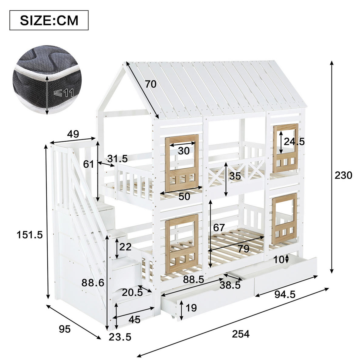 HAUSBETT 90/200 cm in Weiß/Natur mit Stauraumtreppe und 2 Schubladen - Weiß, Holz (90/200cm) - BEAOK