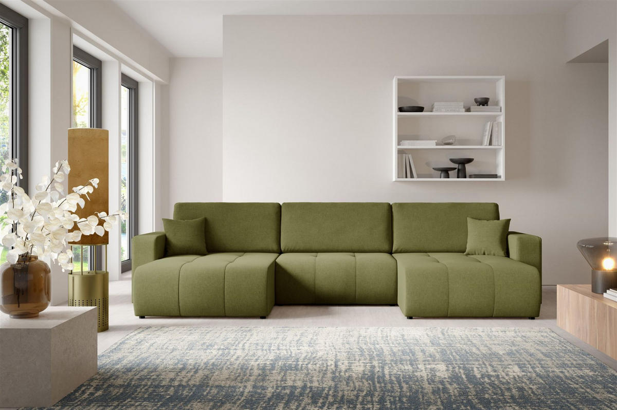 WOHNLANDSCHAFT Augusto - Grün, Holzwerkstoff/Textil (344/82/149cm) - Fun Möbel