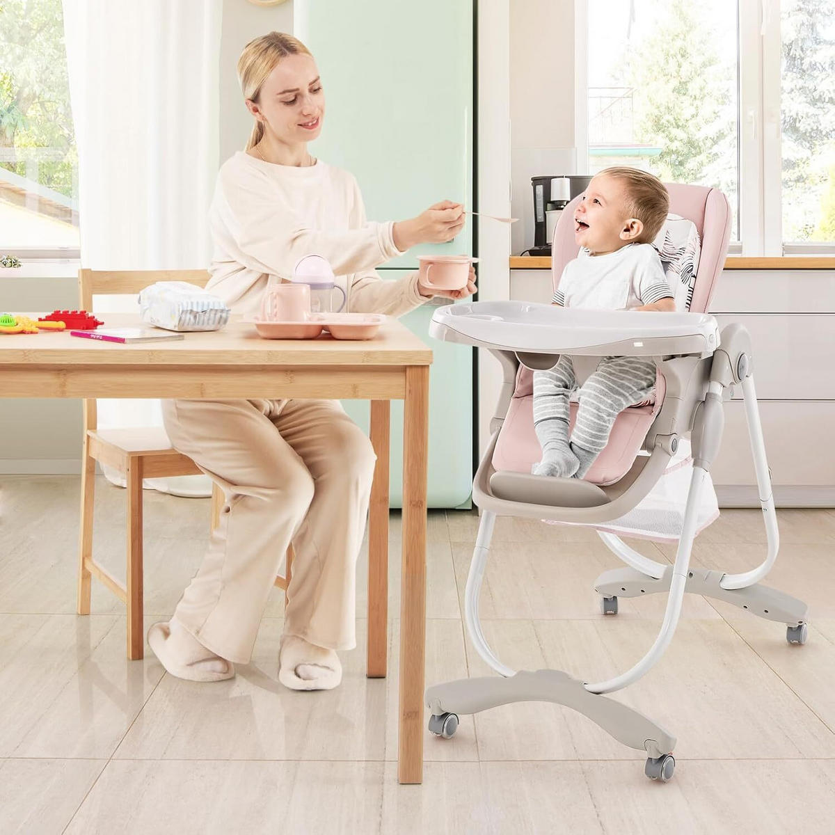 KINDERHOCHSTUHL Höhenverstellbar rosa - Pink, Kunststoff (102/92/55cm) - COSTWAY