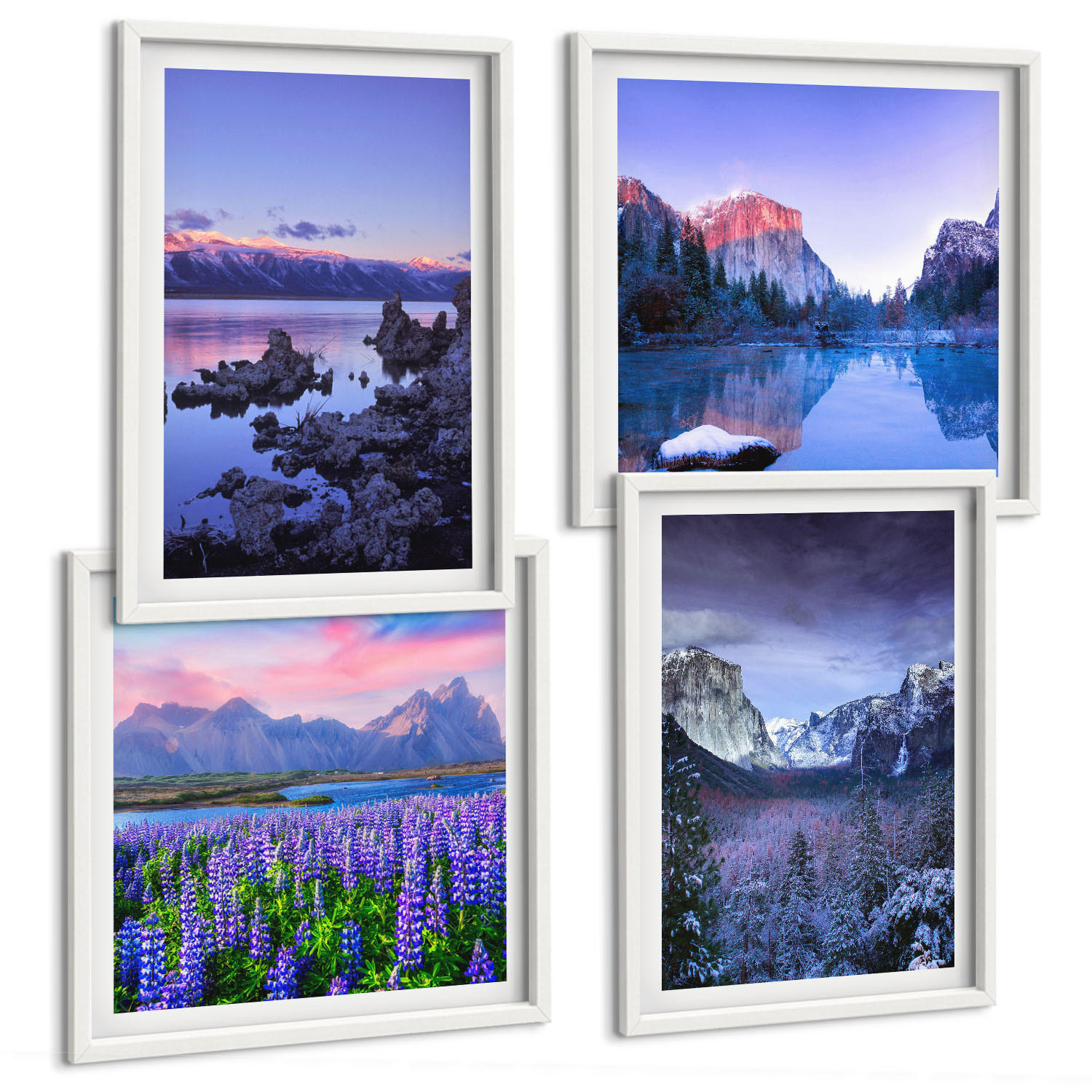 BILDER SET 4er Set - 50x50 cm & 40x60 cm Weißer Rahmen - Berglandschaften, Wasser, Blumenfeld - Weiß, Kunststoff (50/50cm) - TULUP