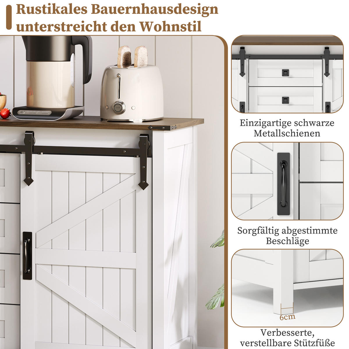 SIDEBOARD 137 cm mit Schiebetüren und 4 Schubladen, Weiß - Weiß, Holzwerkstoff (137/81.5/40cm)