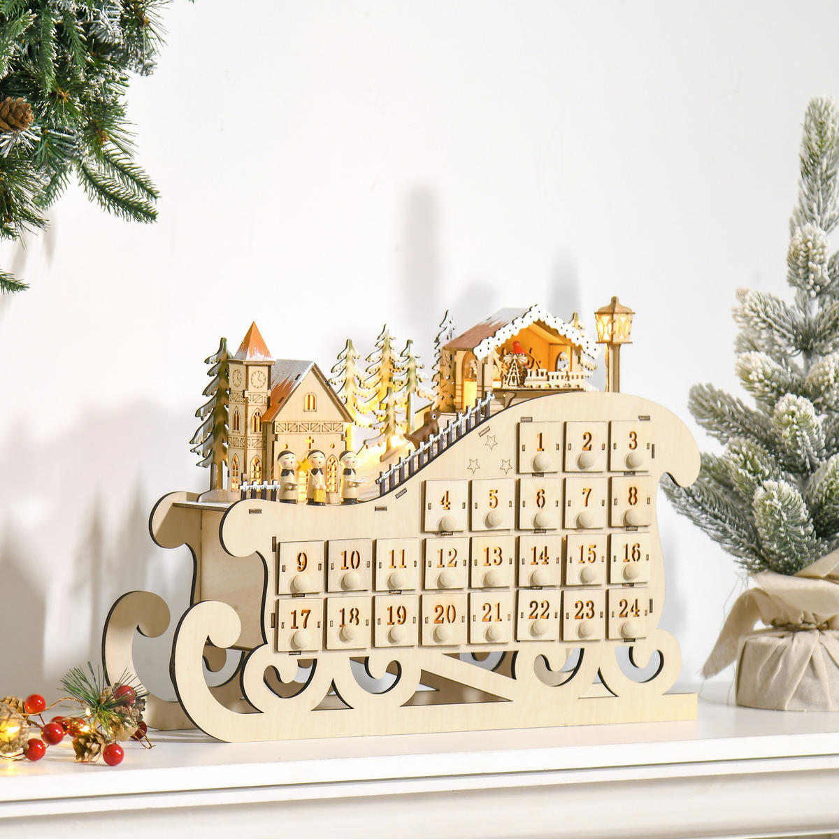 ADVENTSKALENDER Weihnachtskalender 24 Schubladen mit LED Schlitten-From - Naturfarben, Holz (10/31/45cm) - HOMCOM