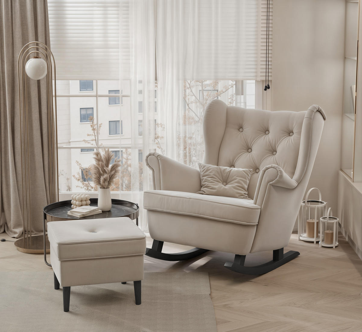 SCHAUKELSESSEL SCANDI mit hocker, Samt Beige - Beige, Holz/Textil (75/97/60cm) - Idohome