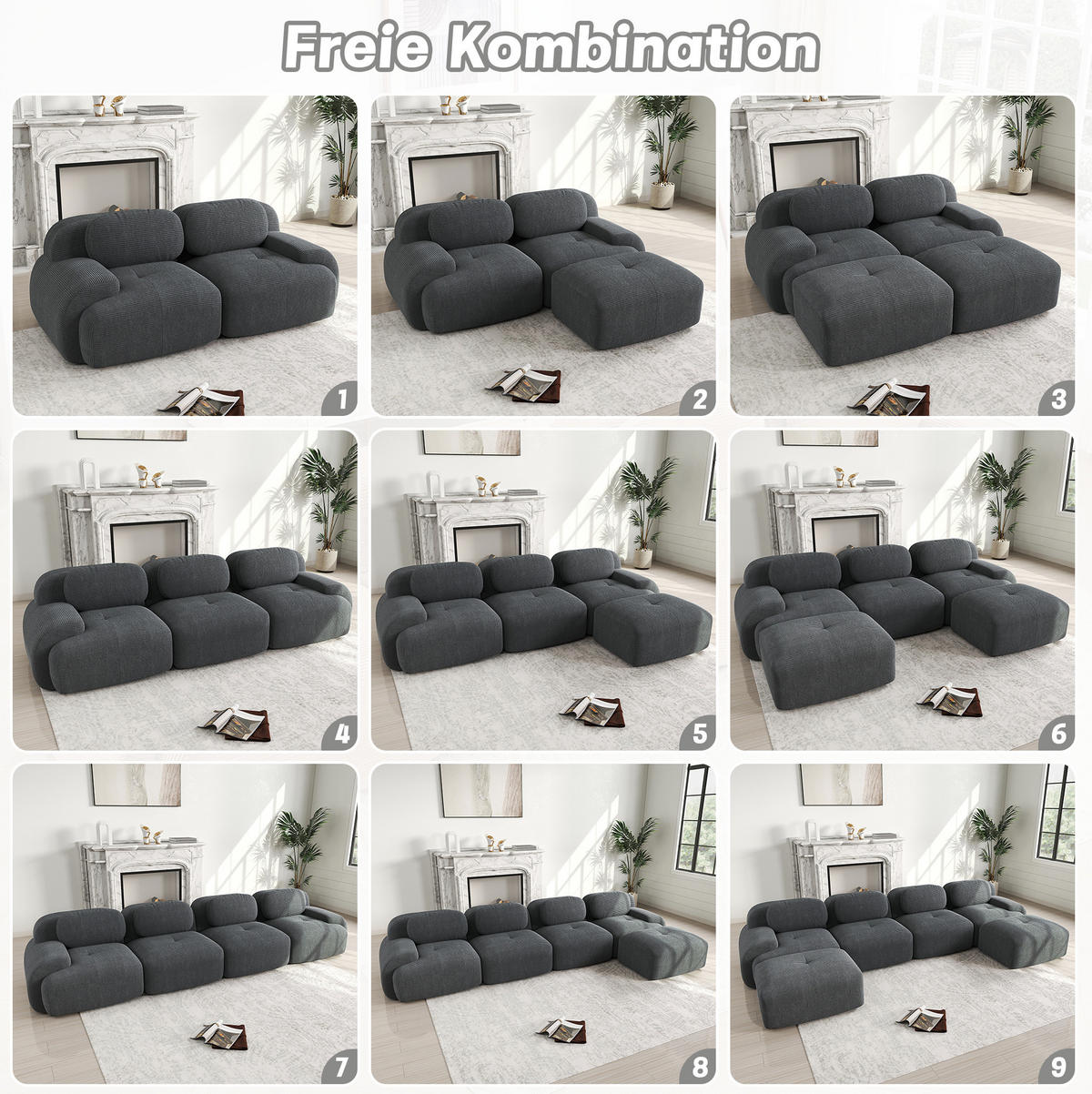 ECKSOFA 208/103/75 cm grau aus Cordstoff rahmenlos mit geschwungenen Armlehnen - Grau, Textil (103/208cm) - OKWISH