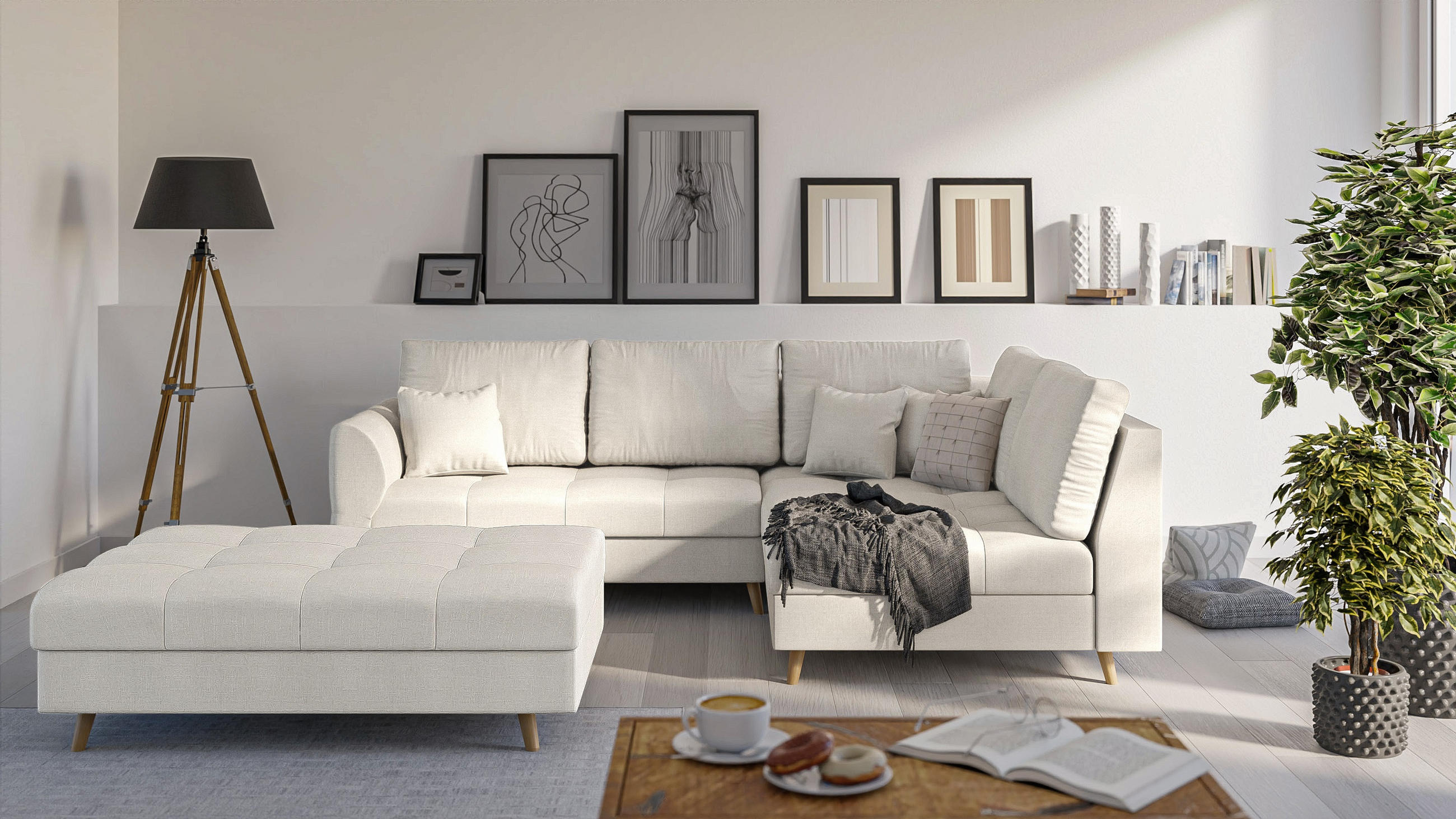 ECKSOFA MIT HOCKER Lorine Mikrofaser Ecru - Ecru/Hellbraun, Buchenholz/Textil (231/161cm) - S-Style Möbel