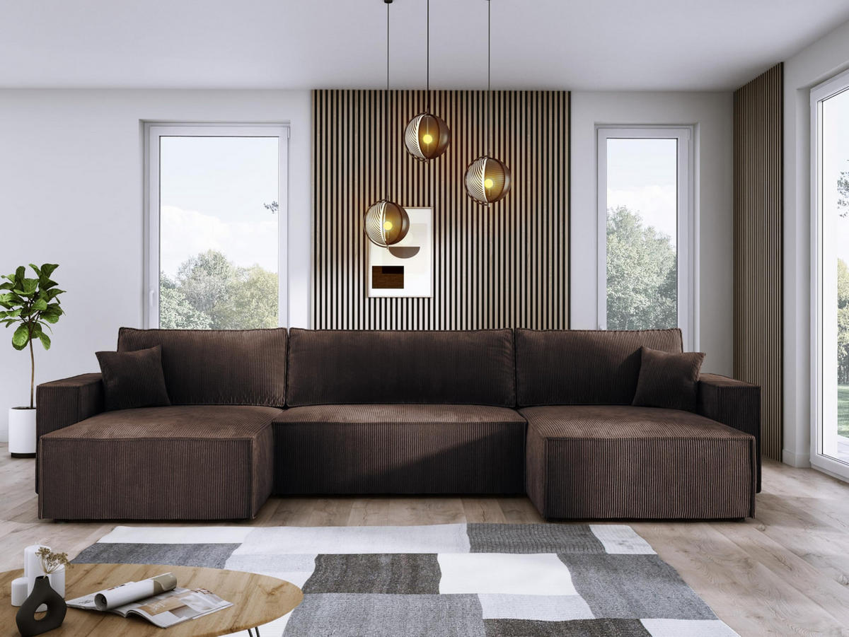 ECKSOFA Poso XXL U-förm, Schlaffunktion, weiche Kissen, Bettkasten, hochwertige Polsterung, lose Rückenkissen, freistehend, 377x143x83 cm Brown - Braun, Holz/Textil (377/83/143cm) - DomoHome