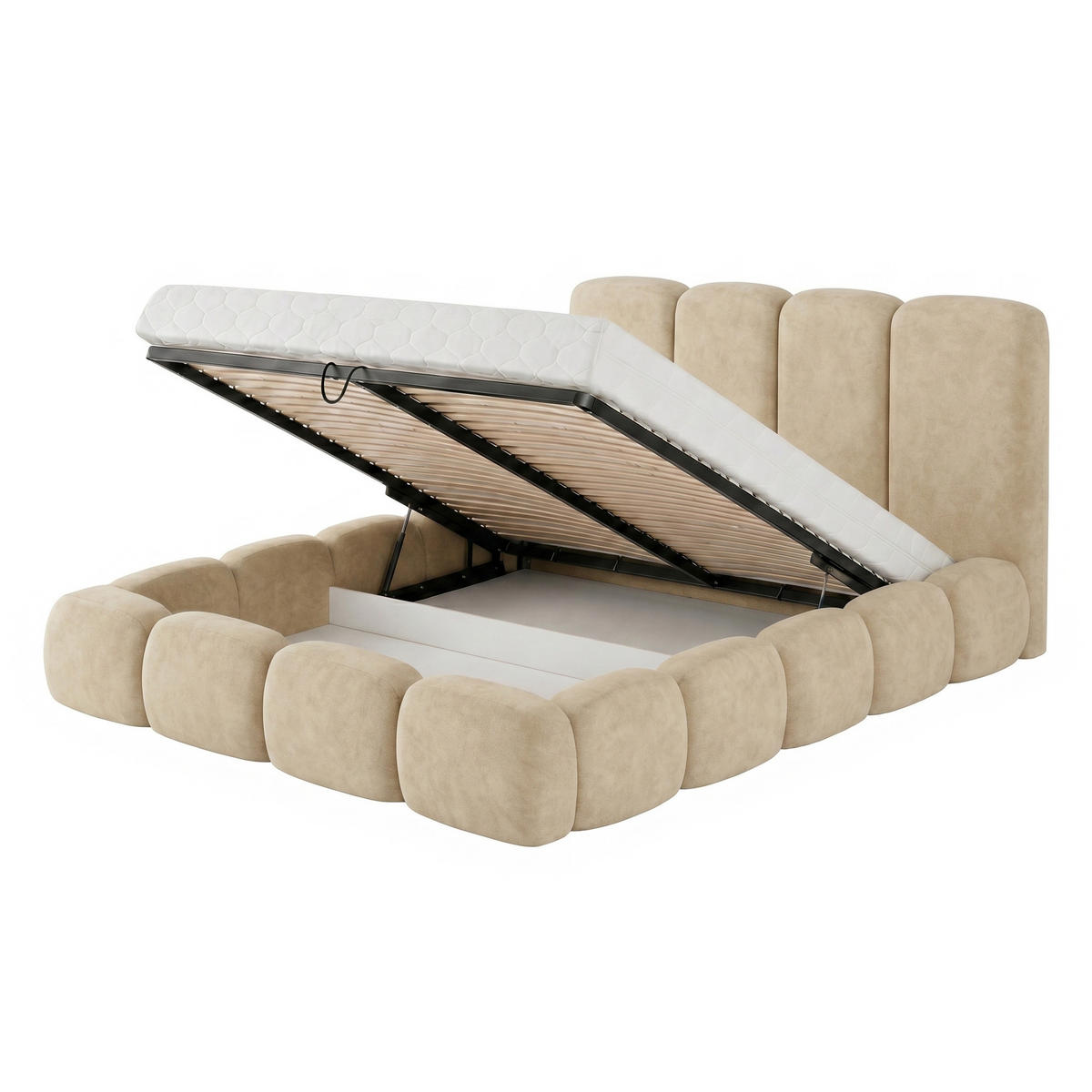 POLSTERBETT SUENO MAXI 160x200 cm in Creme, gepolstertes Kopfteil, Metalllattenrost, Bettkasten, Velour-Stoff - Creme/Naturfarben, Holz/Textil (160/200cm) - Muffo