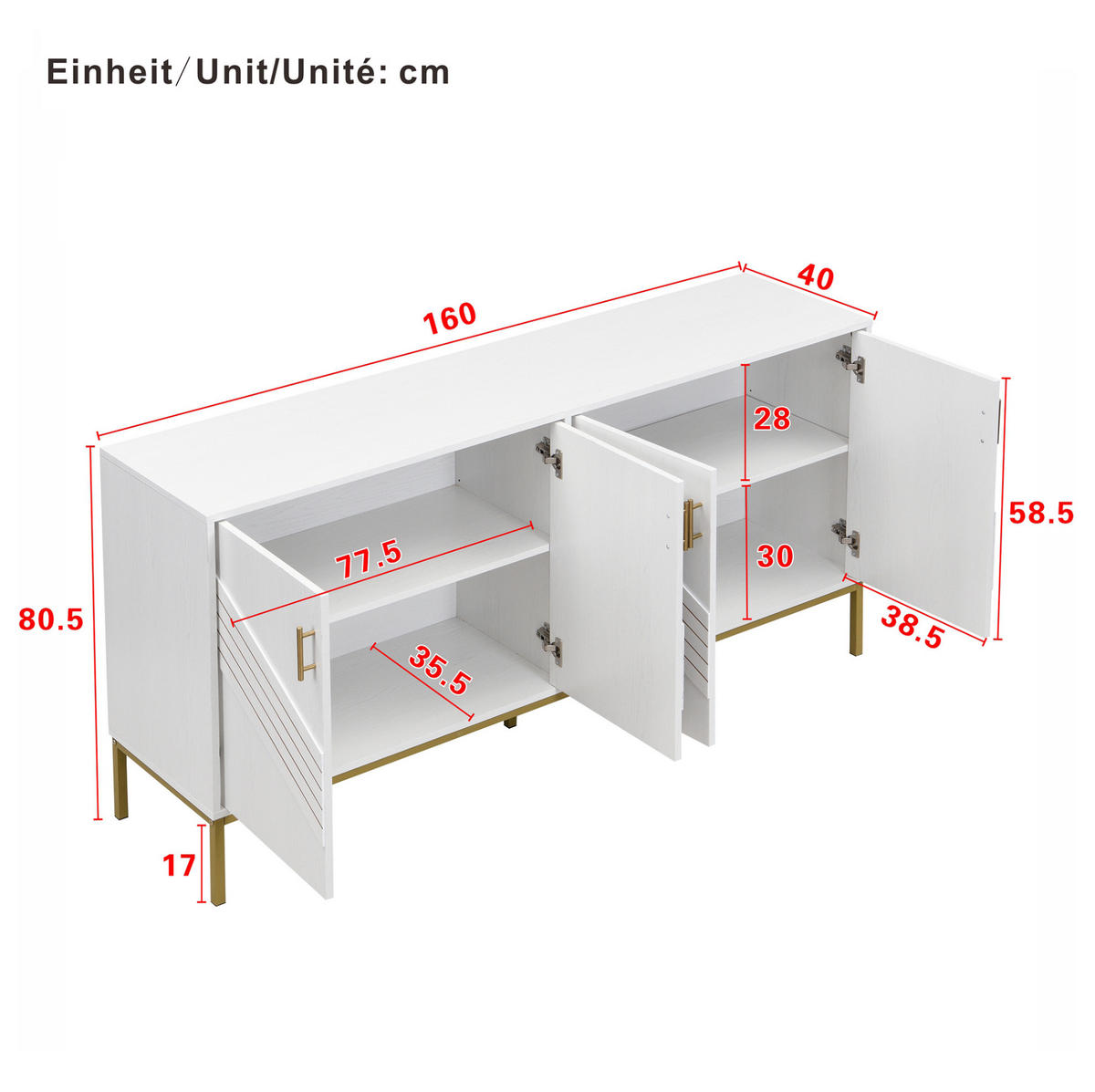 SIDEBOARD z MDF, 160/40/80,5 cm bílý/dekor dřeva se 4 dvířky - bílá, kompozitní dřevo (40/80.5/160cm) - BEAOK