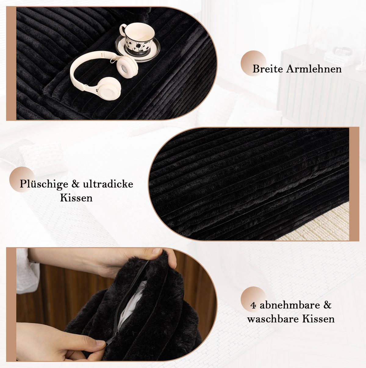 RELAXLIEGE Cordstoff mit Memory-Schaum und 4 Kissen 137/175/63 cm Schwarz - Schwarz, Textil (137/63/175cm) - Redom
