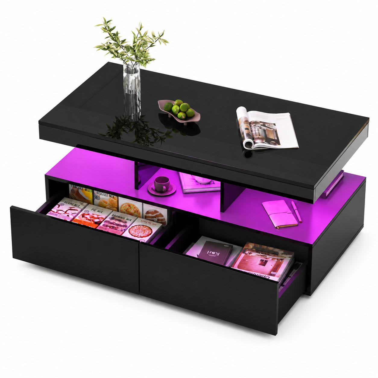 COUCHTISCH,WOHNZIMMERTISCH mit LED-Beleuchtung und Schubladen,Schwarz - Schwarz, Metall (104/53/46cm) - PARAFTA HOME