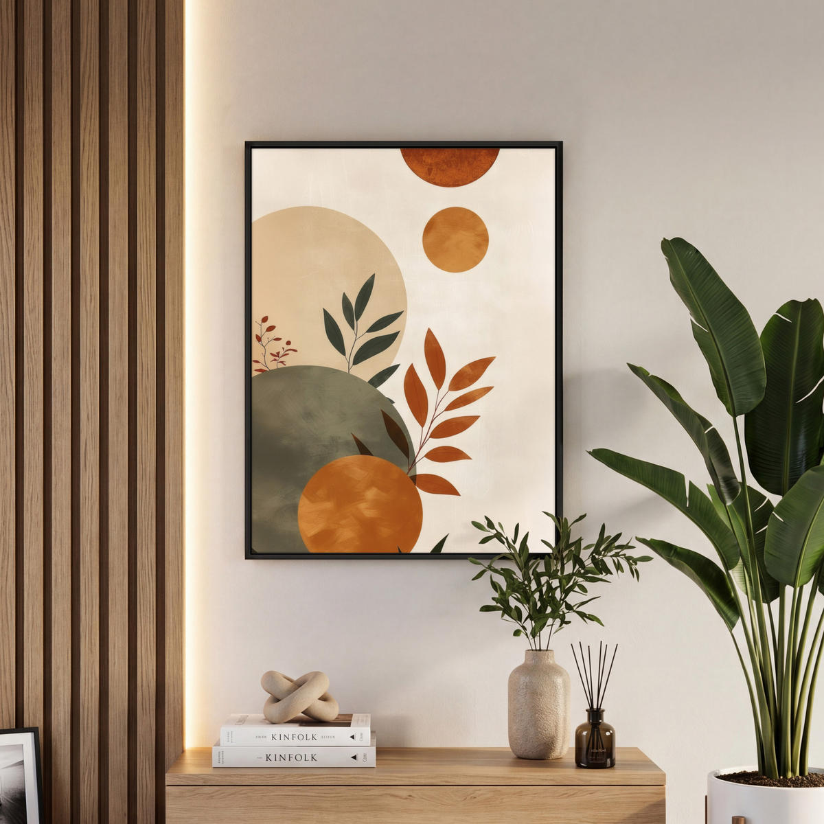 LEINWAND Bilder mit Rahmen - Formen - Rund - Blätter - Beige - 50x70 - Rostfarben, Textil (50/70cm) - MuchoWow