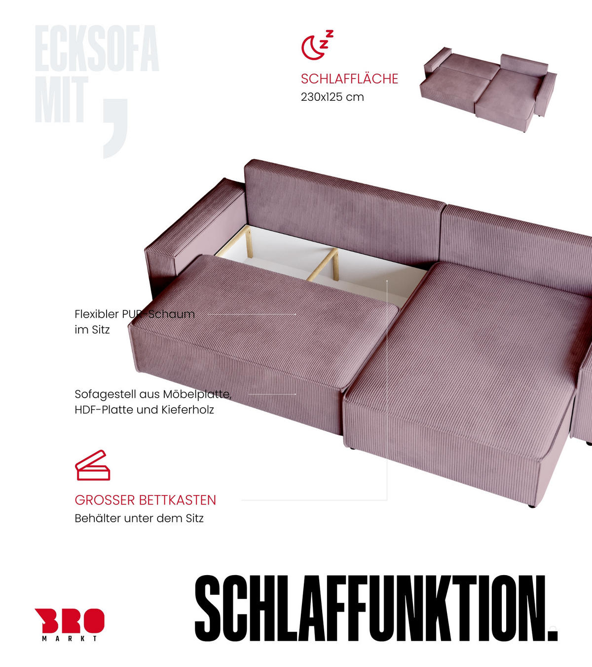 ECKSOFA ADI XL mit Schlaffunktion Schwarz Cord - Schwarz, Textil (272/143cm) - Bromarkt