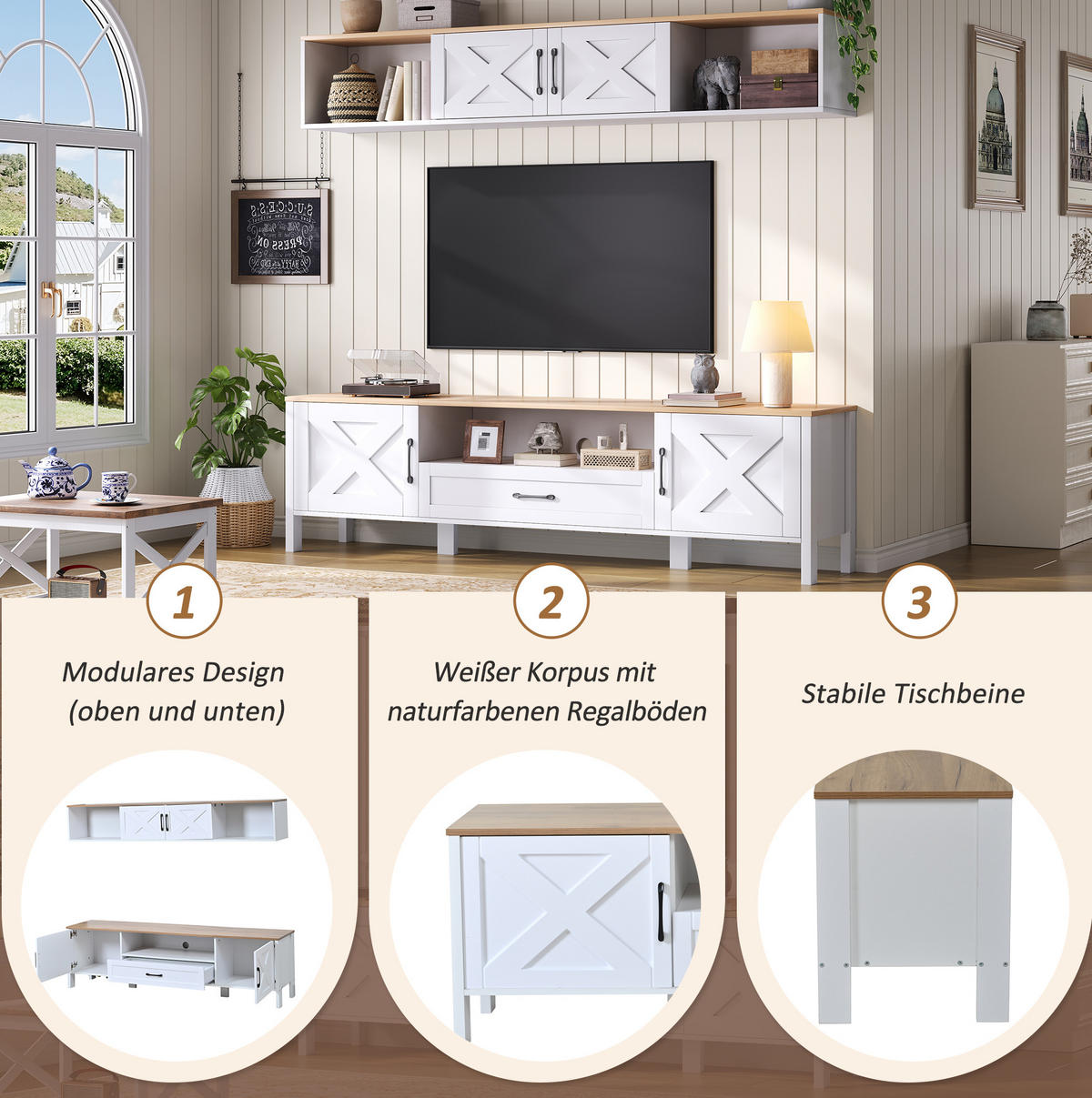 TV sestava 180/40/50 cm z MDF s nástěnnou vitrínou, 4 skříňky a zásuvkou, Bílá - bílá, kompozitní dřevo (180/50/40cm) - Redom