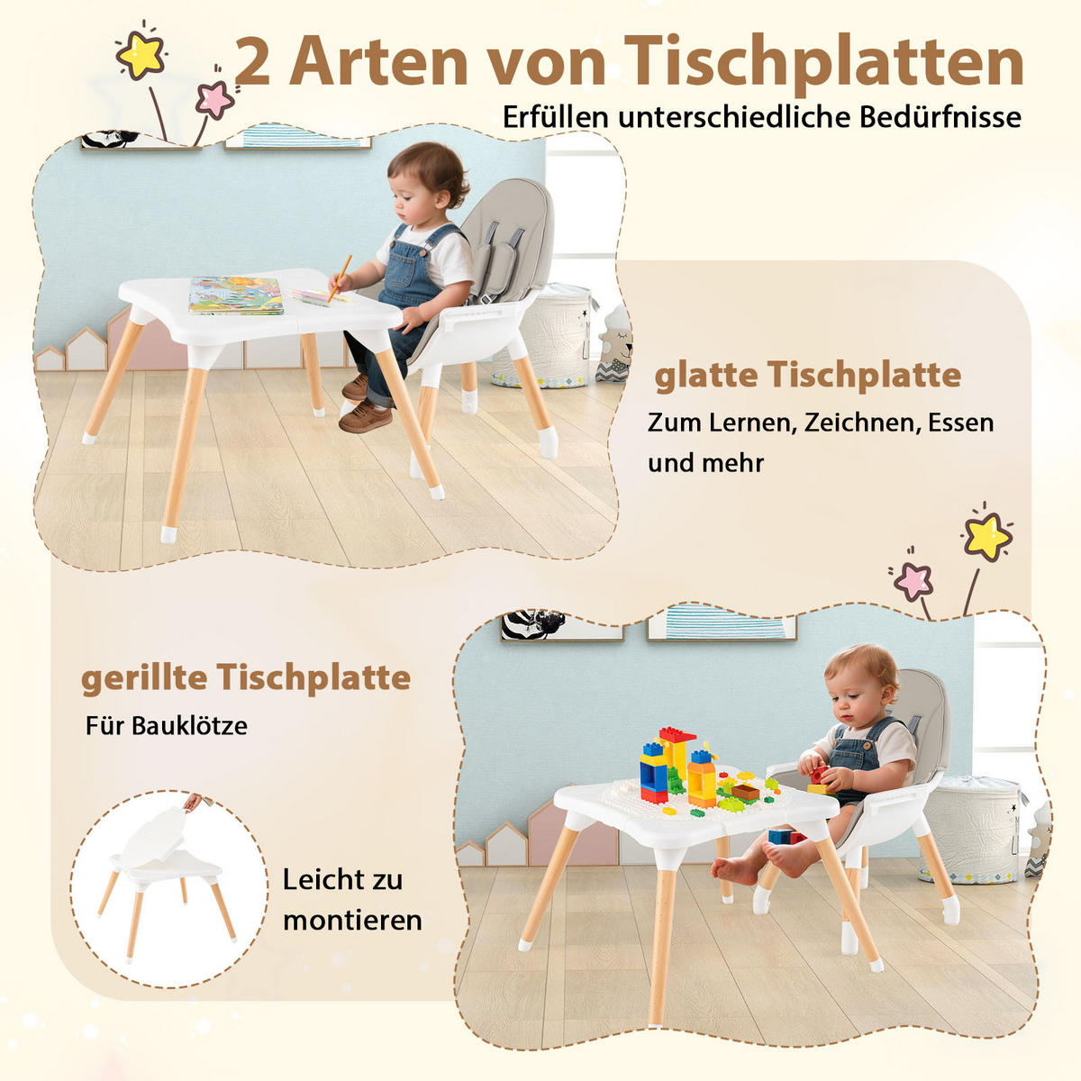KINDERHOCHSTUHL mit Bausteintisch grau - Grau, Kunststoff (62/100/62cm) - COSTWAY