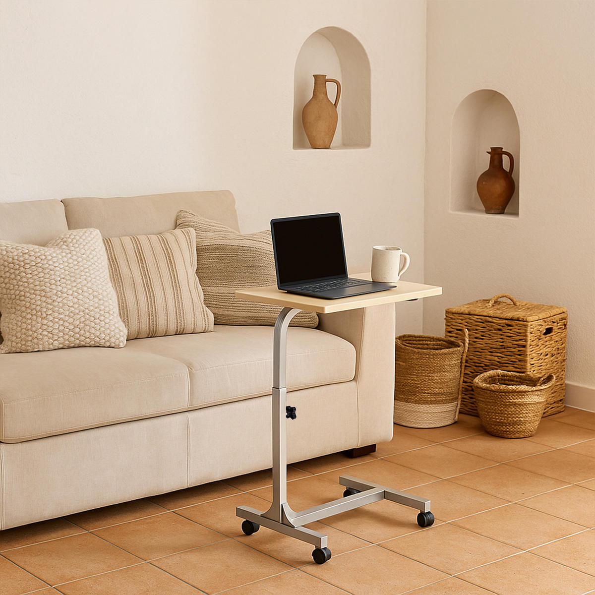 LAPTOP-BEISTELLTISCH, höhenverstellbar, mit 4 Rollen, für Bett und Sofa, Silber - Eichefarben, Holzwerkstoff/Metall (48/37/79cm) - Meubles Cosy