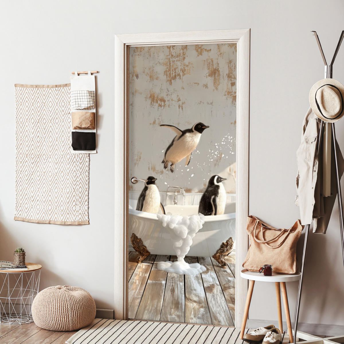 FOTOTAPETE Tür - Vintage - Pinguin - Badewanne - Schaumstoff 75x205 cm - Hellbraun, Kunststoff (75/0.1cm) - MuchoWow
