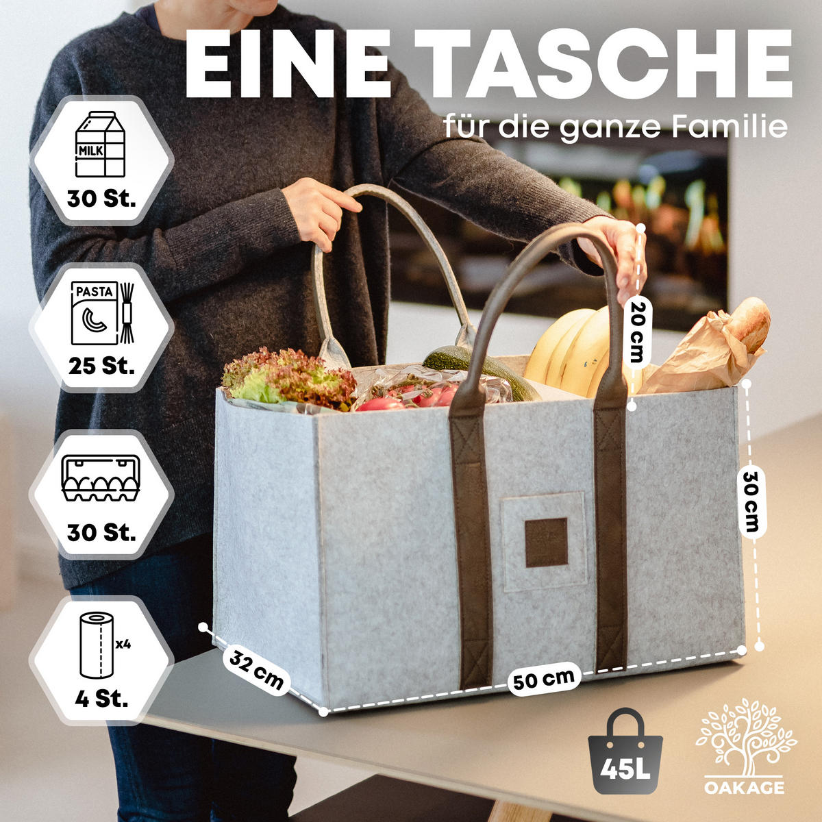 KAMINHOLZKORB SinglePack Filz 50/32/30 cm - Grau, Textil (32/30/50cm) - OAKAGE