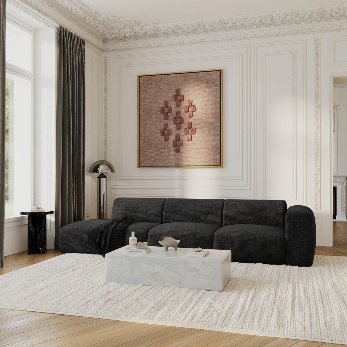 SOFA 5-Sitzer Gemusterter Samt Dunkles Anthrazit 310cm - Anthrazit, Textil (310/73/96cm) - Sia Home