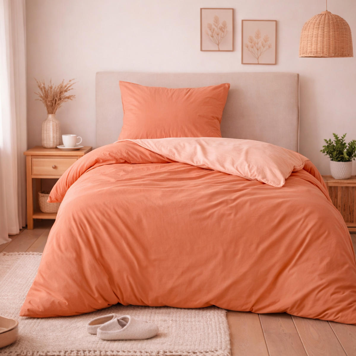 BETTWÄSCHE Byrklund 2-teilig 135x200/80x80cm Side Way Terracotta/White - Terracotta, Naturmaterialien (135/200cm)