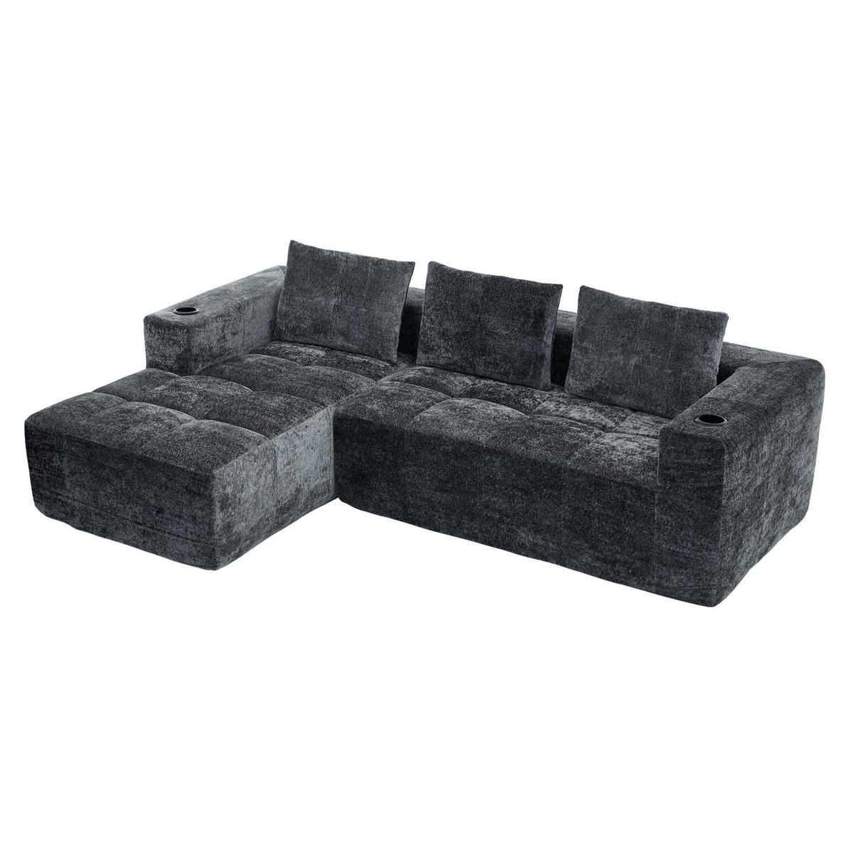 ECKSOFA 258 cm mit Becherhaltern, tiefer Sitzfläche und Chenillebezug, Grau - Grau, Textil (258/163cm) - Redom