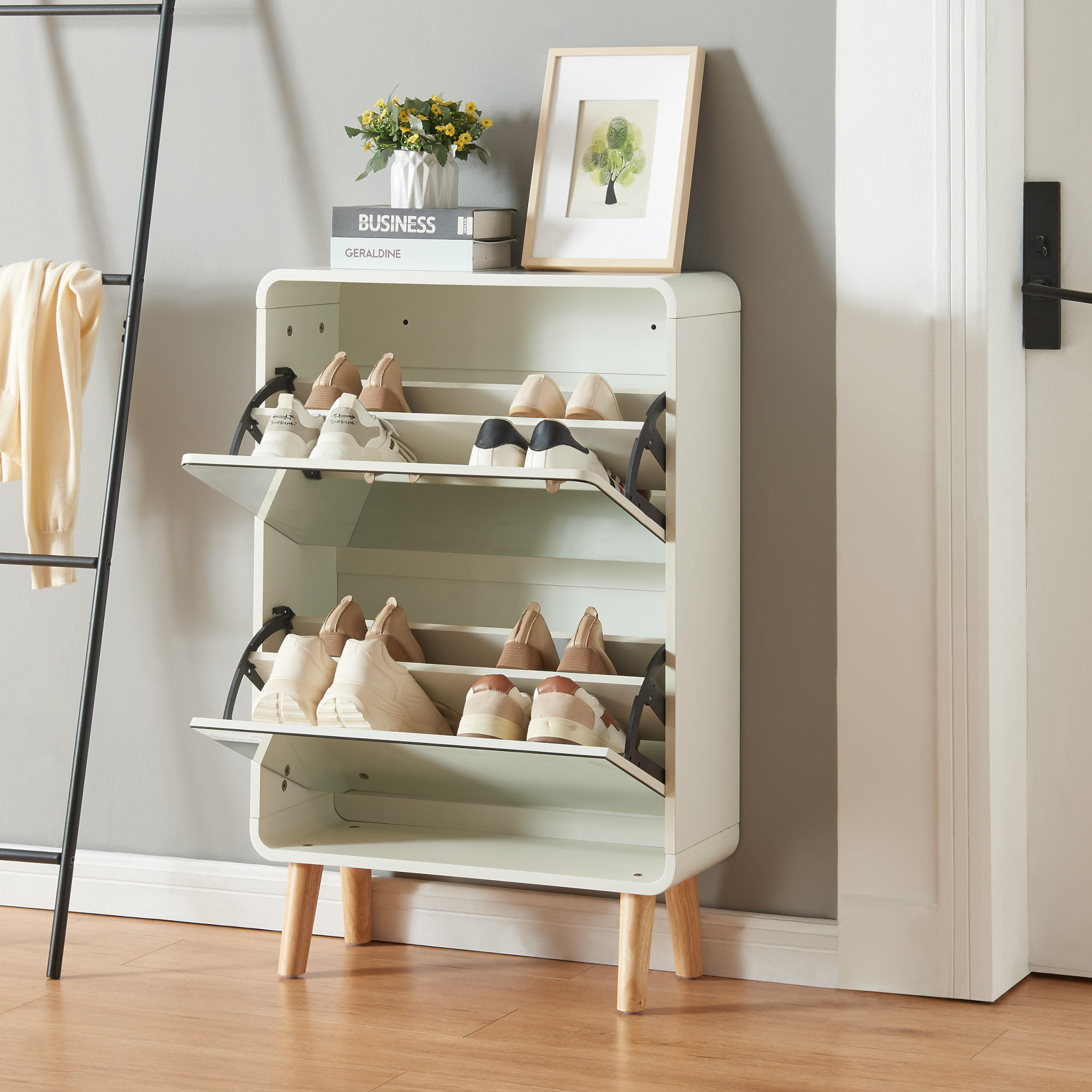 Thumbnail - [en.casa] Schuhkipper, Weiß, Holzwerkstoff, Glas, Kiefer, Rechteckig, 63x96x23.5 cm, Garderobe, Schuhaufbewahrung, Schuh...