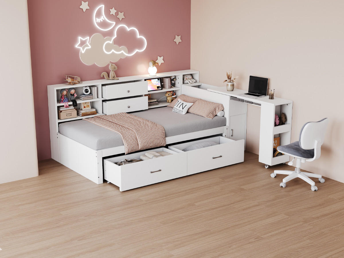 MULTIFUNKTIONSBETT 90x200 mit ausziehbarem Schreibtisch - Weiß, Holzwerkstoff (90/200cm) - Urban Meuble