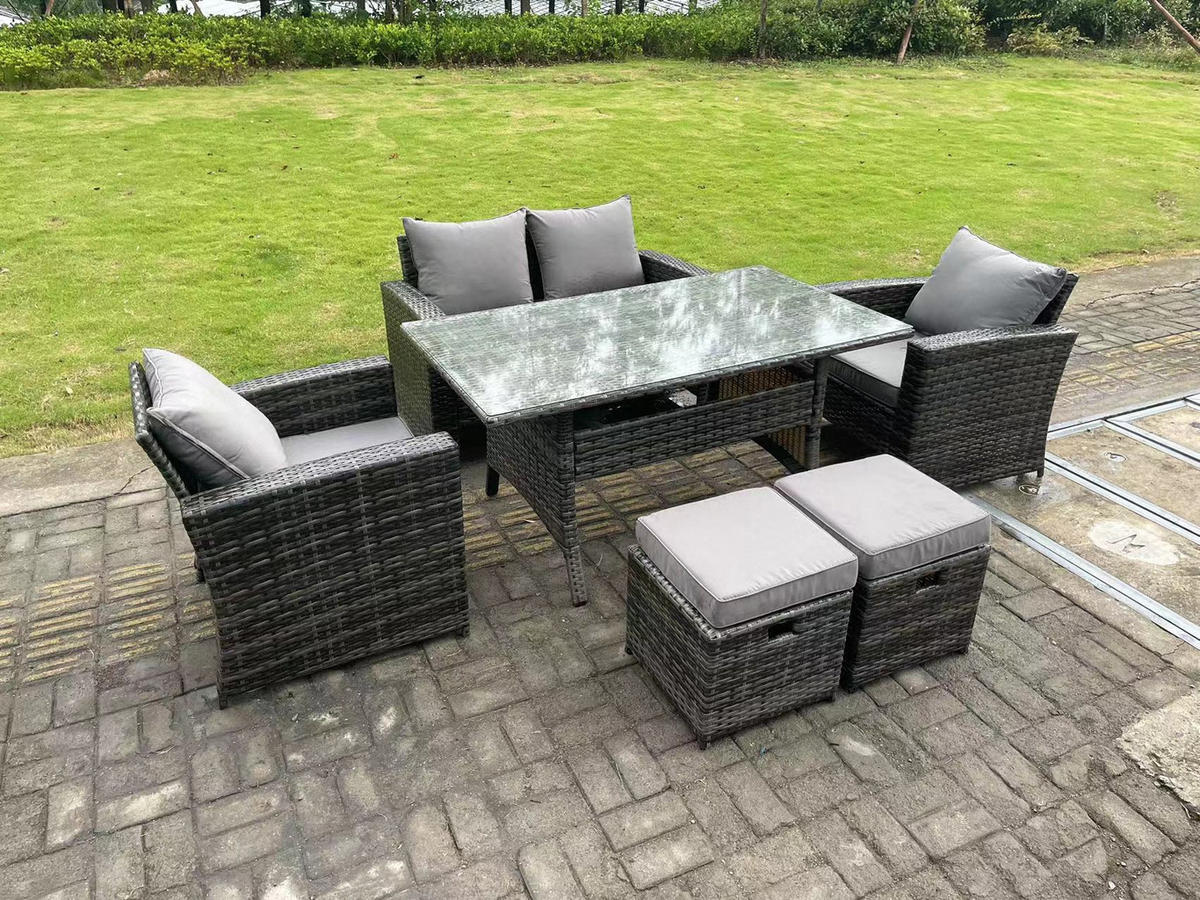 GARTENMÖBELGARNITUR Polyrattan Dunkelgrau 6-Sitzer - Dunkelgrau/Grau, Glas/Kunststoff - Fimous
