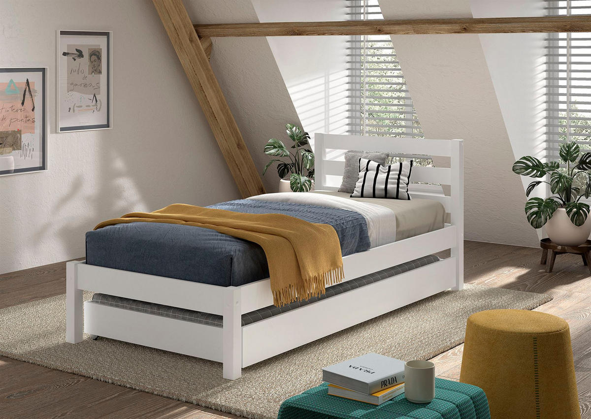 EINZELBETT 90x200 Kiefer weiß robust stabil mit Bettschublade - Weiß, Holz (90/200cm) - 58aufmkessel