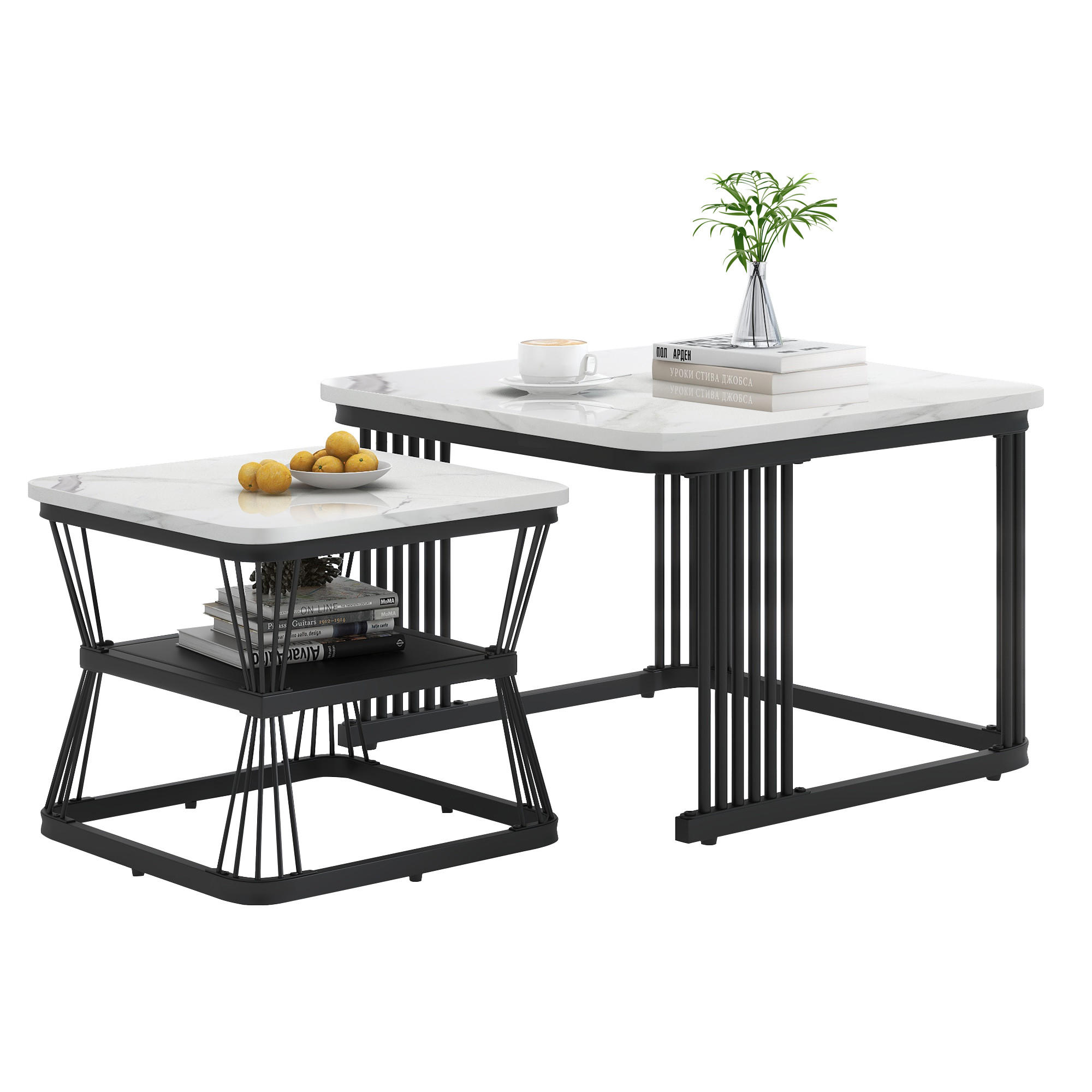 STILVORA KONFERENČNÍ STŮL v bílé a černé barvě s deskou v mramorovém dekoru, 65×65×45 cm