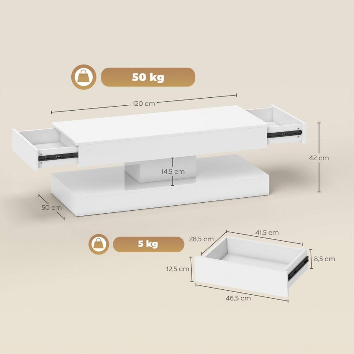 COUCHTISCH 120/50/42 cm weiß aus Holz mit LED-Beleuchtung und Schubladen - Weiß, Holz (120/50/42cm) - OKWISH