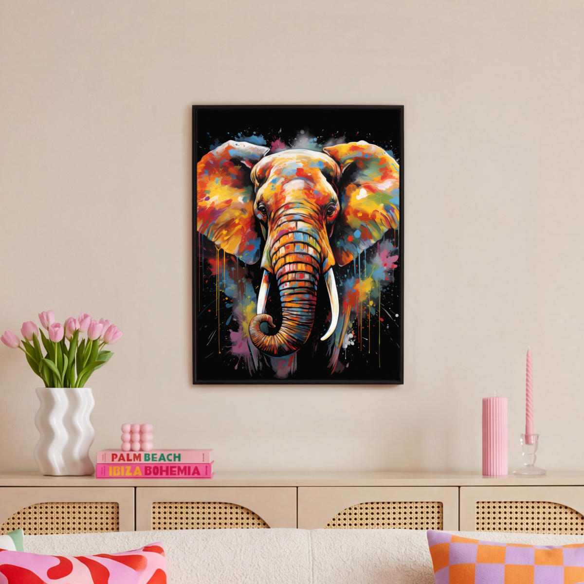 LEINWAND Bilder mit Rahmen - Elefant - Graffiti - Schwarz - Tiere - Farben - 50x70 - Schwarz, Textil (50/70cm) - MuchoWow