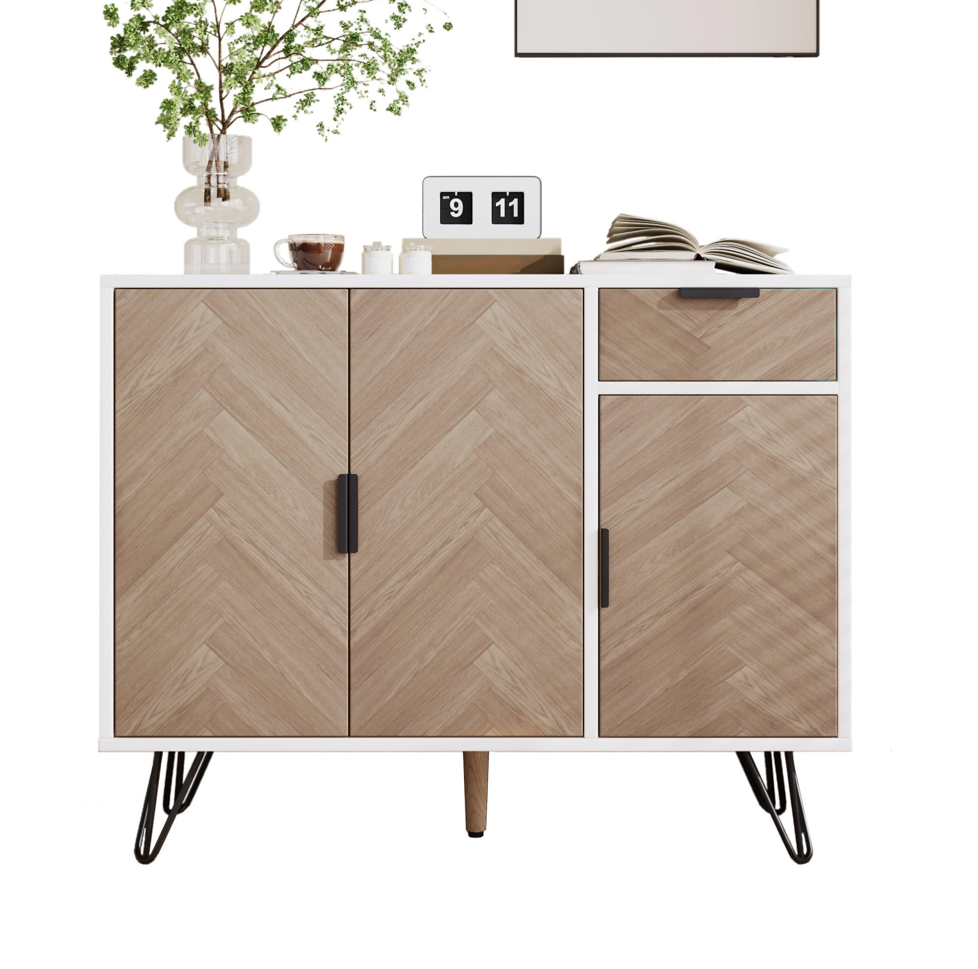 SIDEBOARD 90/30/71,5 cm in Weiß und Holzoptik mit Schublade und 3 Türen - Naturfarben, Holzwerkstoff (30/71.5/90cm) - Flora Grace