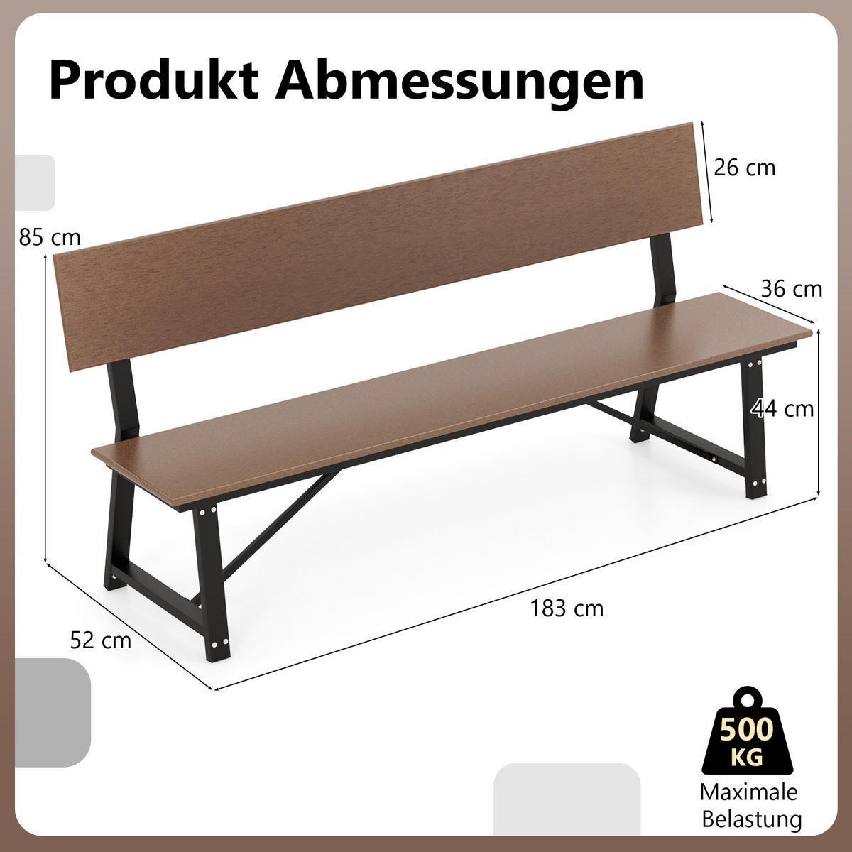 GARTENBANK Braun - Braun, Metall (183/85/52cm) - COSTWAY