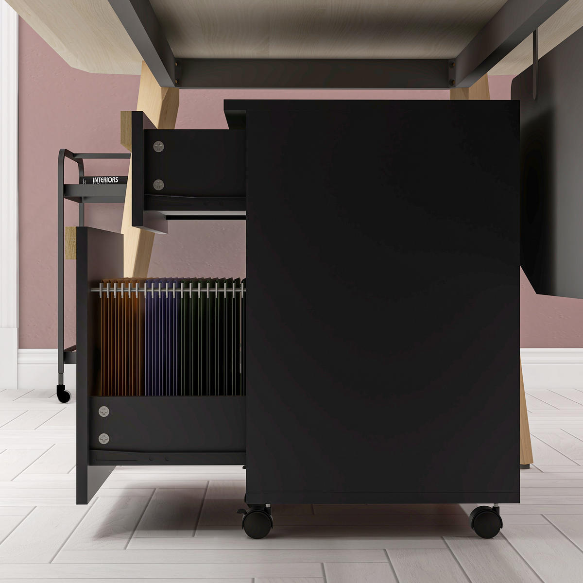 ROLLCONTAINER DE-14466 2 Schubladen mit Hängeakten Schwarz - Schwarz, Holzwerkstoff (40/59.5/48cm) - ComfortXL