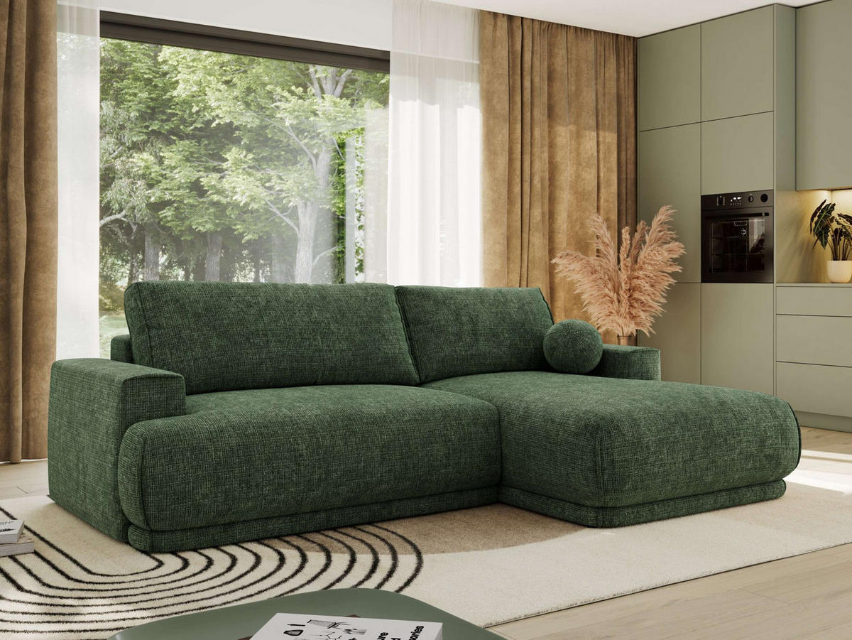 ECKSCHLAFSOFA RINA L Dunkelgrün Schenille grob gewebt - rechts - Dunkelgrün/Schwarz, Kunststoff/Textil (170/267cm) - MKS