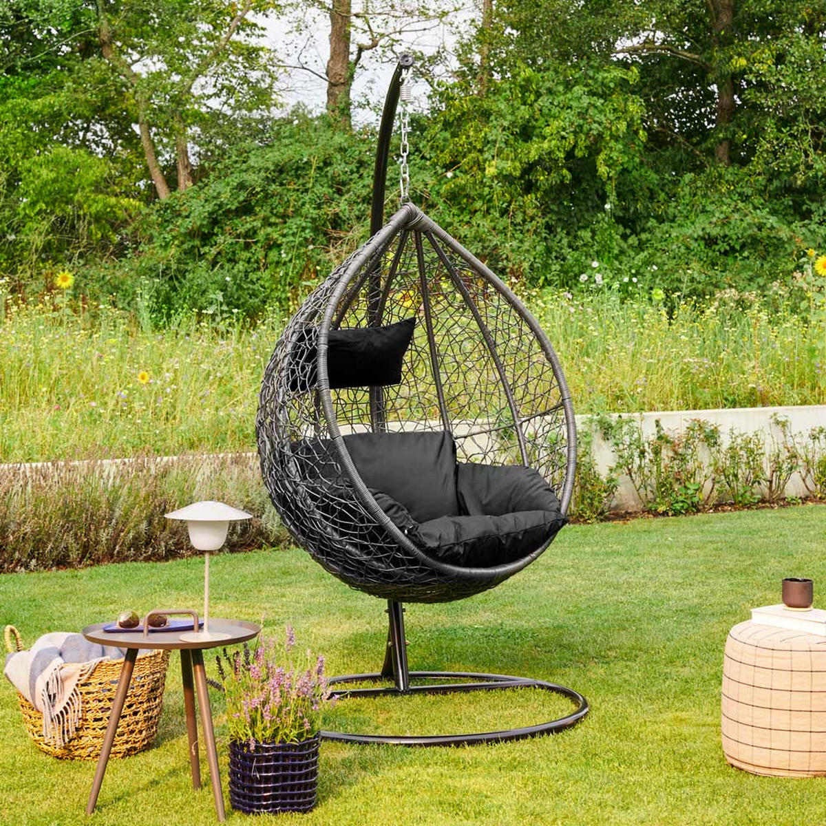 HÄNGESESSEL CIELO - Farbe: Schwarz, Ausstattung: Mit Regenabdeckung - Schwarz, Kunststoff (104/200/104cm) - Home Deluxe