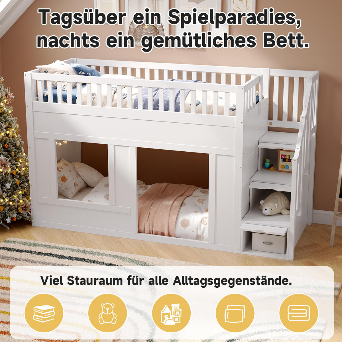 ETAGENBETT 90/200 cm weiß aus Massivholz und MDF mit Treppenschrank - Weiß, Holzwerkstoff (90/200cm) - OKWISH