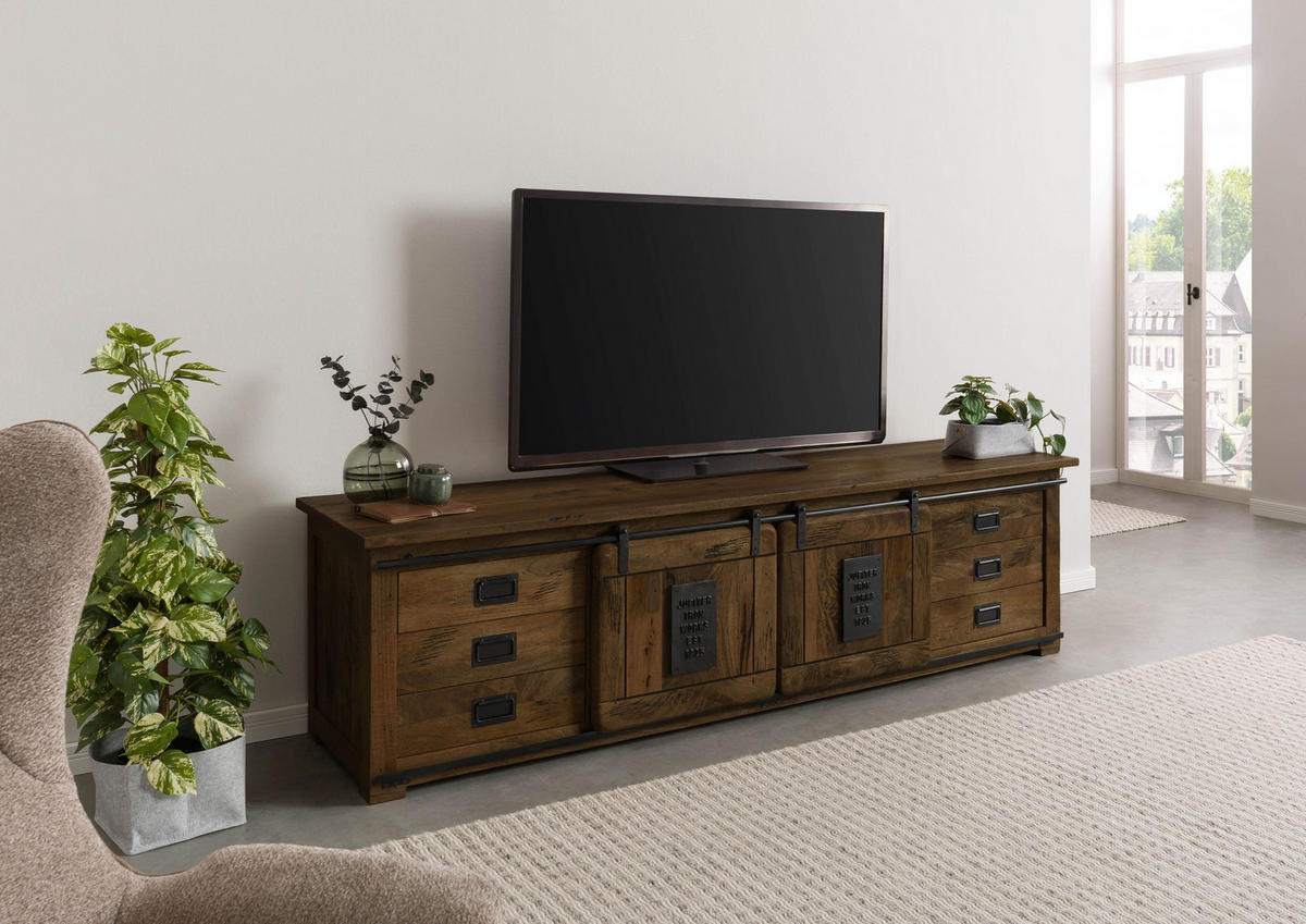 TV-BOARD Mango 220x55x60 braun lackiert RAILWAY #466 - Braun, Holz (220/60/55cm) - Massivmoebel24