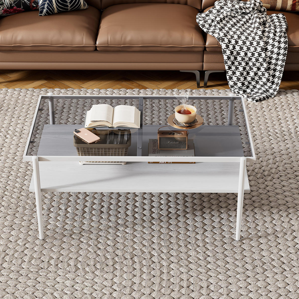 COUCHTISCH aus gehärtetem Glas 97x61x45 cm Grau/Weiß mit MDF-Ablage und Eisenbeinen - Weiß, Glas (97.5/61.5/45cm) - IVMEU