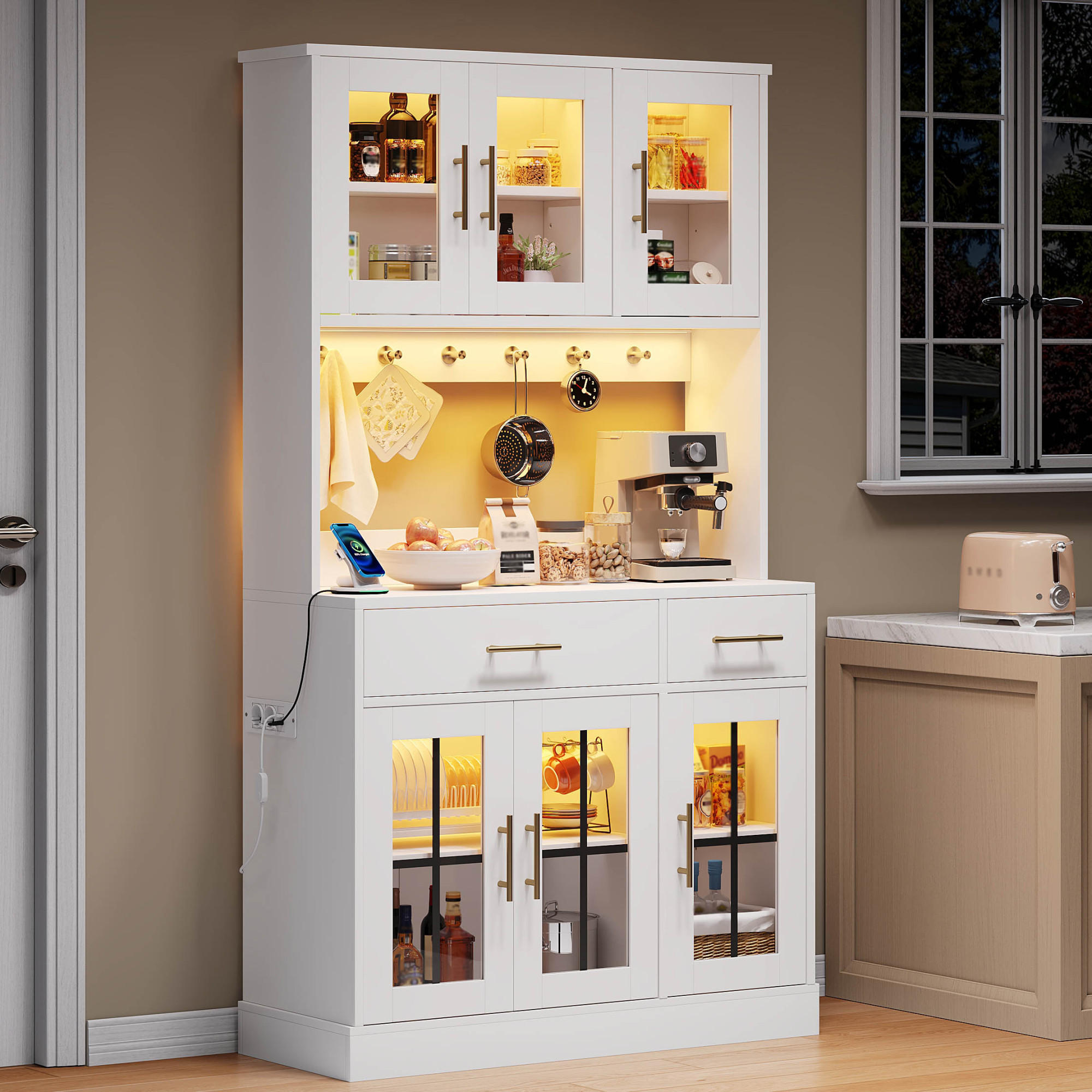 KÜCHENANRICHTE 100x40x180 cm, 6 Türen, 2 Schubladen, LED-Beleuchtung, Steckdose, verstellbare Einlegeböden, ESG-Glas, goldene Griffe, Weiß - Weiß, Holzwerkstoff (100/180/40cm) - FOHERE