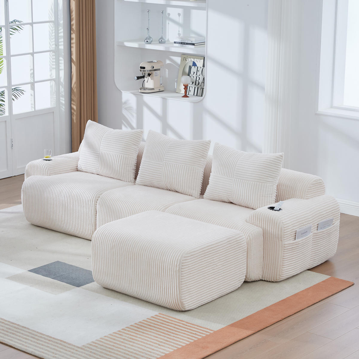 ECKSOFA 268/174/80 cm Beige mit Fußhocker, 2 Becherhalter und Aufbewahrungstaschen - Beige, Textil (268/174cm) - Oxeza