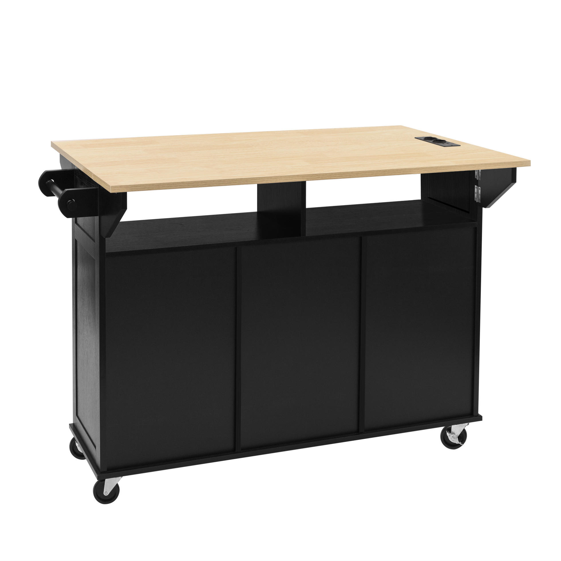 KÜCHENINSEL 120/40-60-80/92 cm mit klappbarer Tischplatte, Steckdosenleiste und Rollen aus MDF, Schwarz/Natur - Schwarz, Holzwerkstoff (120/92/80cm) - Redom