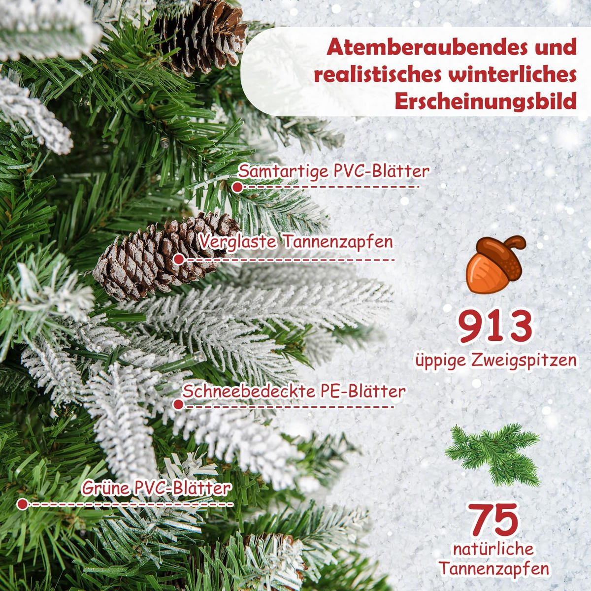 WEIHNACHTSBAUM mit 350 warmweißen LED-Lichtern 225 cm grün - Grün, Metall (225cm) - COSTWAY