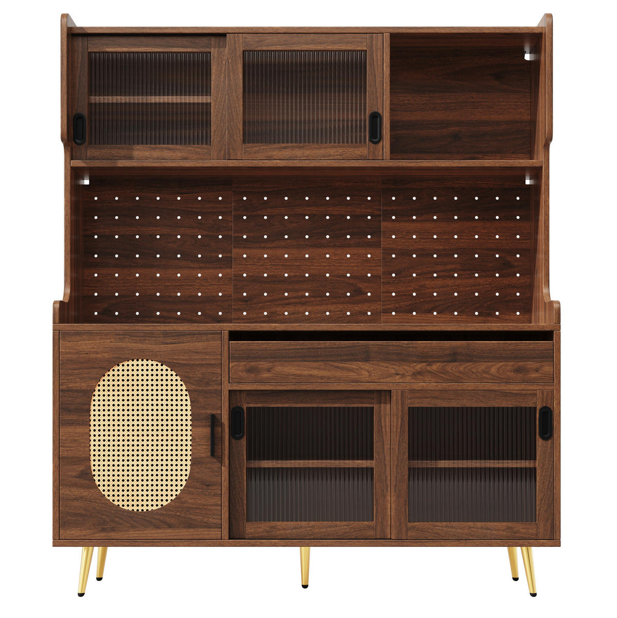 BUFFETSCHRANK 145/39/171 cm braun aus MDF mit LED, Lochplatte und Fluted-Glas-Türen - Braun, Holzwerkstoff (145/171/39cm) - OKWISH