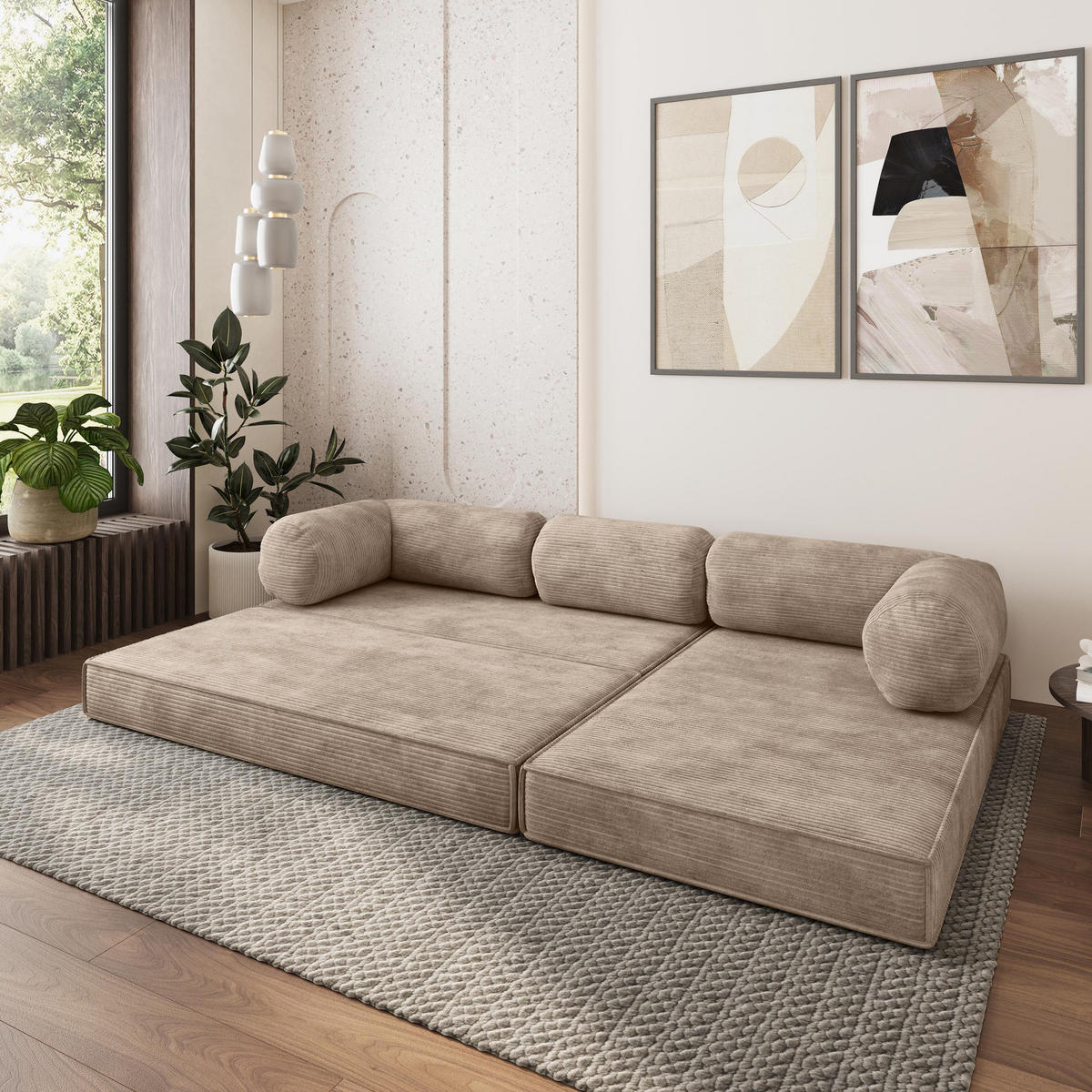 ROHOVÁ SEDAČKA ETERA modulární Boneless pohovka s funkcí spaní, béžová POSO 02 - béžová, textil (270/160cm) - MASSENO