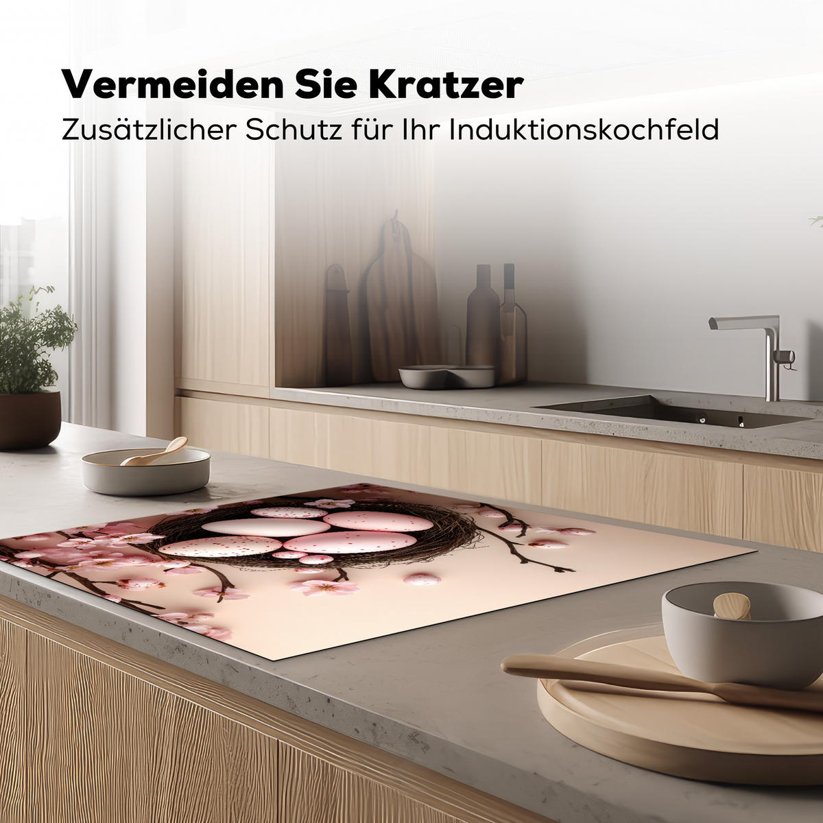 HERDABDECKPLATTE Rosa - Blüten - Eier Induktionsmatte 78x78 cm - Hellrosa, Kunststoff (78/78/0.2cm) - MuchoWow