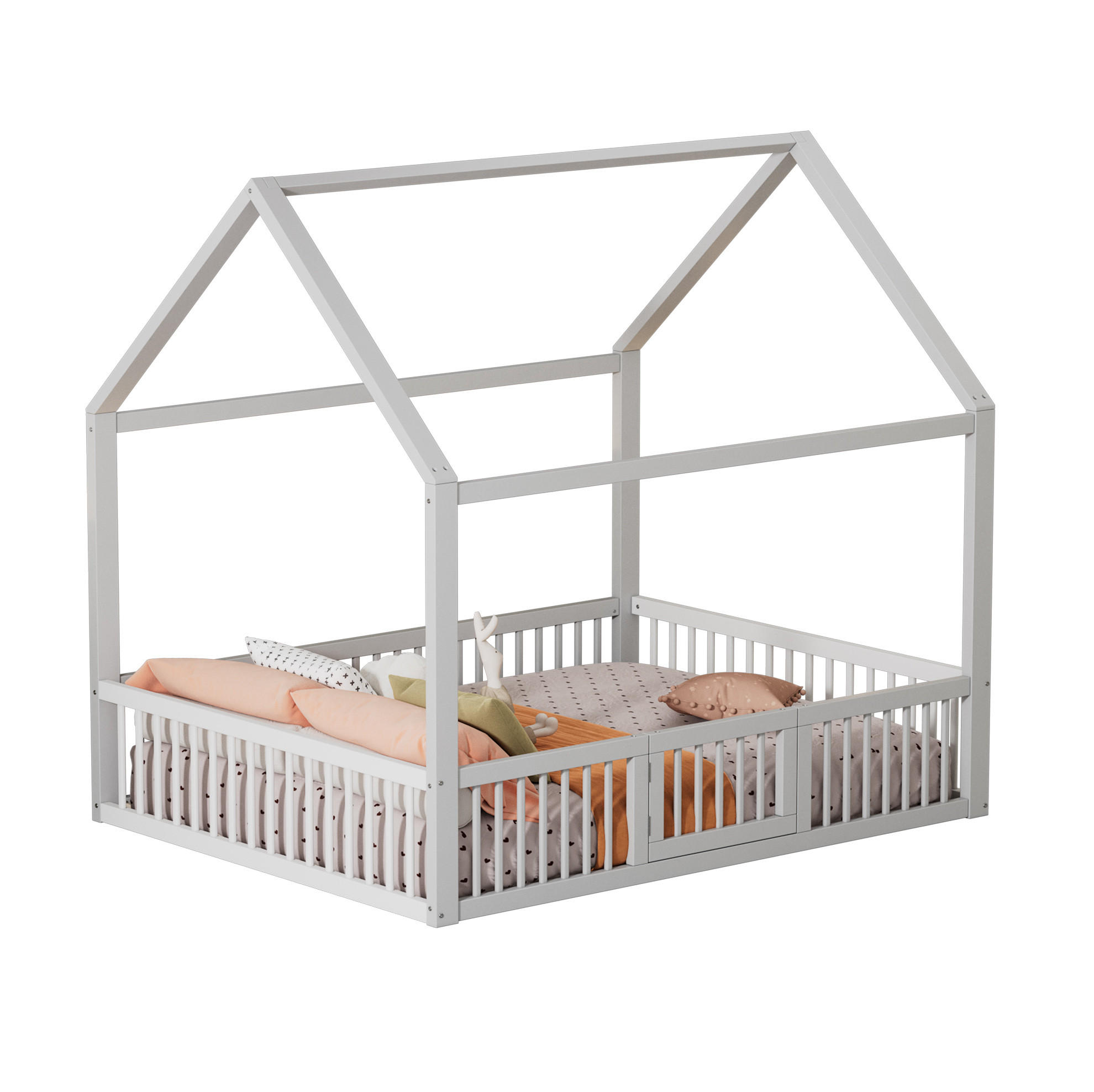 KINDERBETT Hausbett aus Kiefer und MDF 140x200 cm Weiß mit Schutzgitter und Türchen - Weiß, Holzwerkstoff (140/200cm) - IVMEU